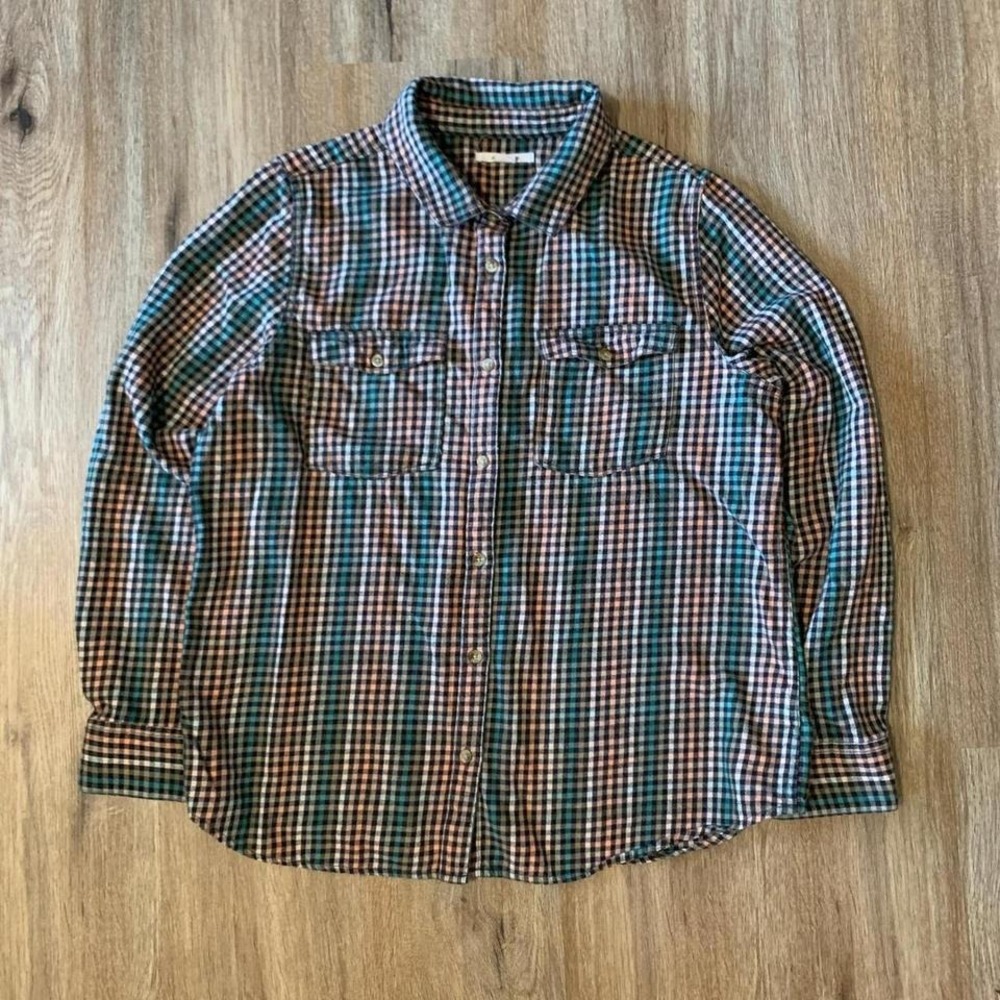 ONeill Nash Flannel Plaid Button Down Shirt in navy blue pink - size large women